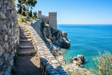 A stone wall stretches along the coastline, leading up to the water's edge