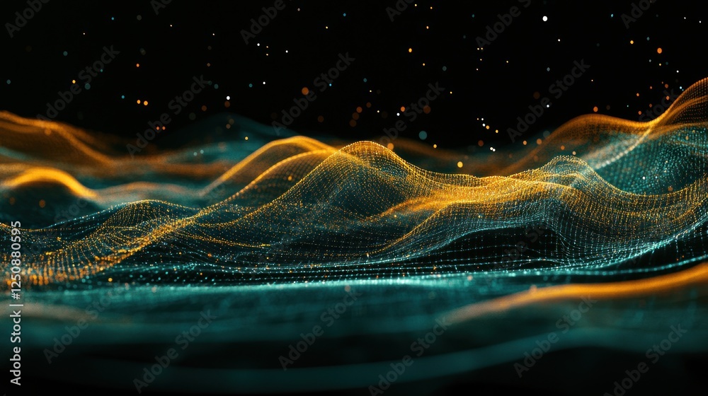 Aufkleber abstract digital landscape with glowing particles and wavy lines.