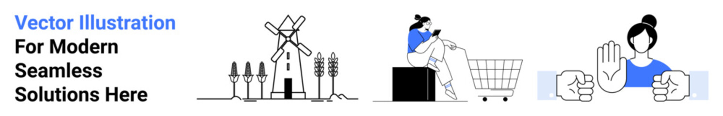 Windmill landscape, person shopping with cart, handshake, collaboration. Ideal for sustainability, e-commerce, teamwork, energy solutions innovation partnerships technology. Flat landing page