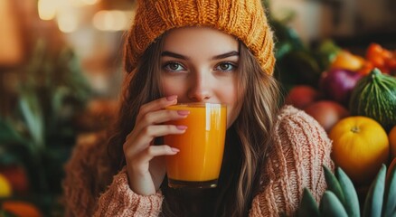 Woman Enjoying a Glass of Orange Juice in Cozy Autumn Setting