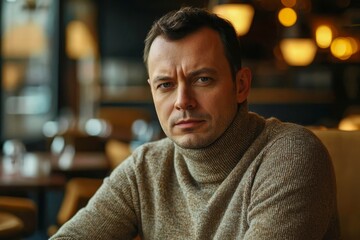 Obraz premium Portrait of a thoughtful man in a turtleneck sitting in a modern cafe, warm atmosphere.