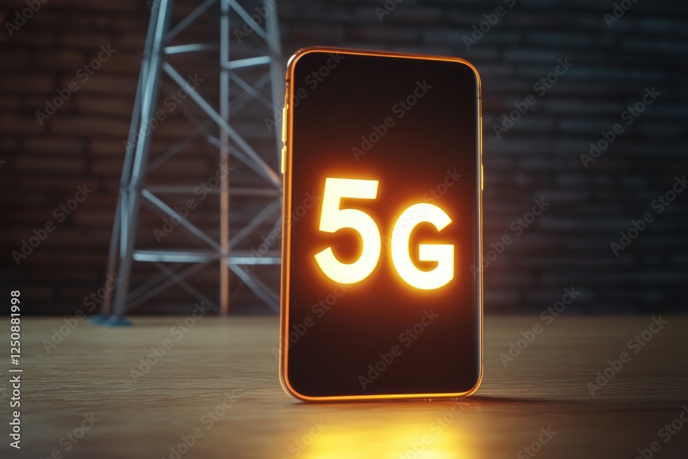 Poster a close-up shot of a cell phone displaying the 5g logo, great for tech-related illustrations and inf