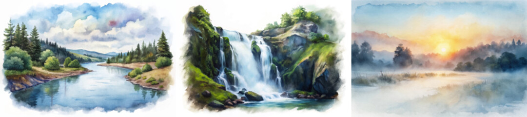 Scenic watercolor landscapes, serene river views, majestic waterfalls, vibrant nature scenes, peaceful sunset moments. © Valeriia