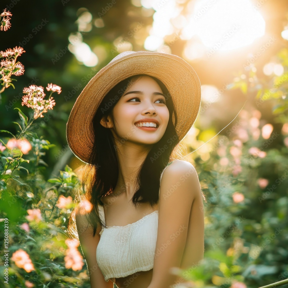 Poster a woman wearing a straw hat in a field of colorful flowers, suitable for use as a background or in a