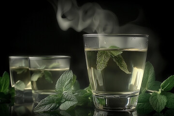 Herbal tea with steam in elegant glass setting