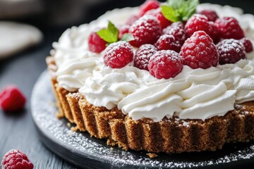 A sweet treat with creamy topping and fresh raspberries, great for cakes, parties or everyday delight