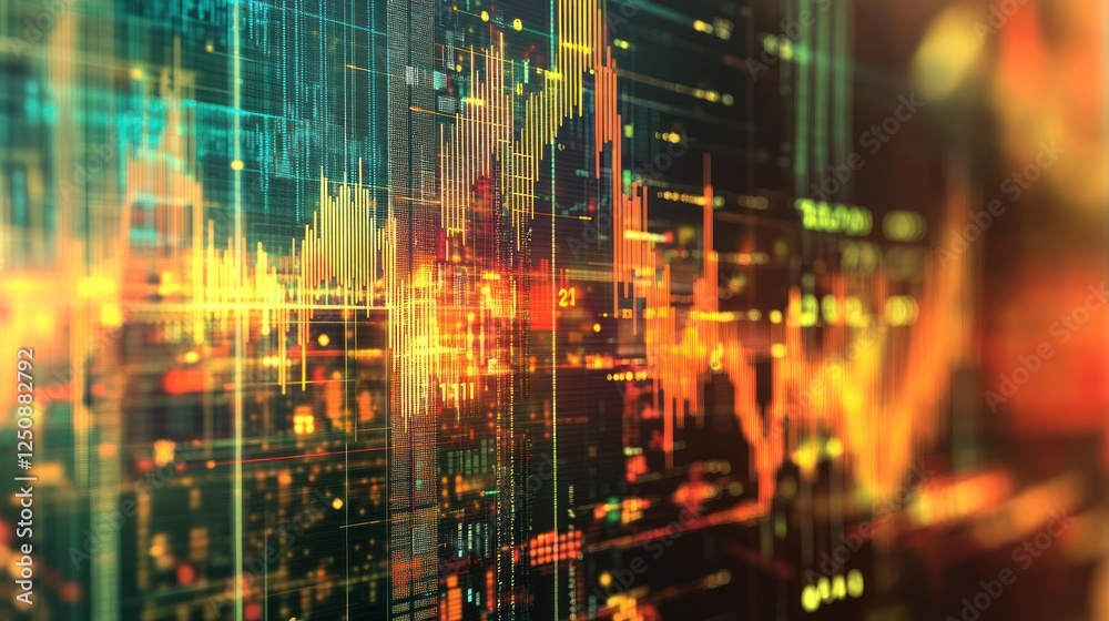 Fototapete abstract digital stock market data visualization with glowing lines and numbers.