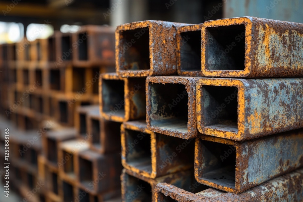 Poster stacks of metal pipes piled high in an industrial setting, perfect for use in scenes depicting const