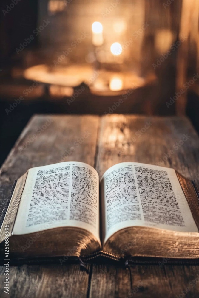 Poster an open book sits on a wooden table, ready for reading