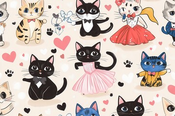 Charming seamless pattern of cute cartoon cats in stylish outfits among playful hearts and paw prints. Generative AI