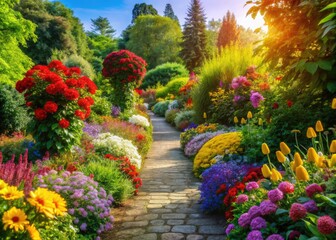 Naklejka premium Serene spring/summer landscape: sunny path, blooming flowers, vibrant floral pathway.
