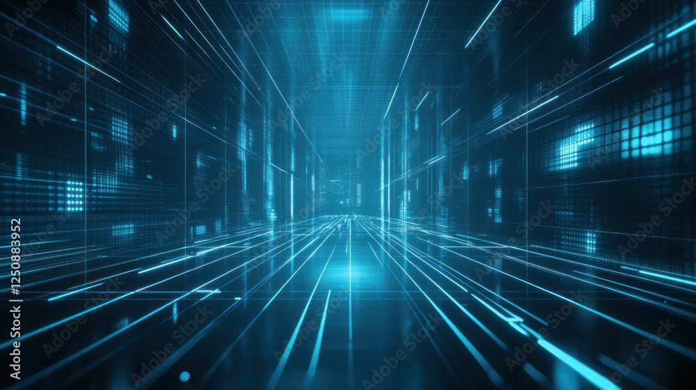 Fototapete abstract digital tunnel with glowing lines and data streams. (1)