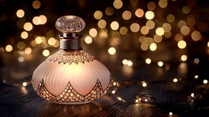 Ornate perfume bottle, glowing softly, holiday lights, wooden surface