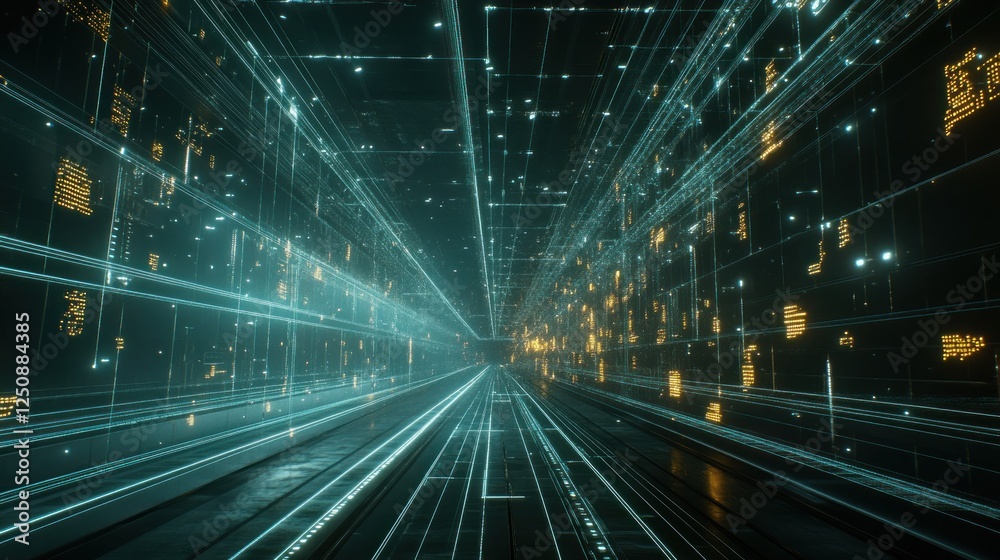 Poster abstract digital tunnel with glowing lines and data streams.