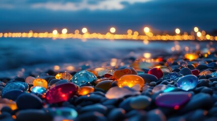 Glowing Sea Glass on a Dark Beach at Night