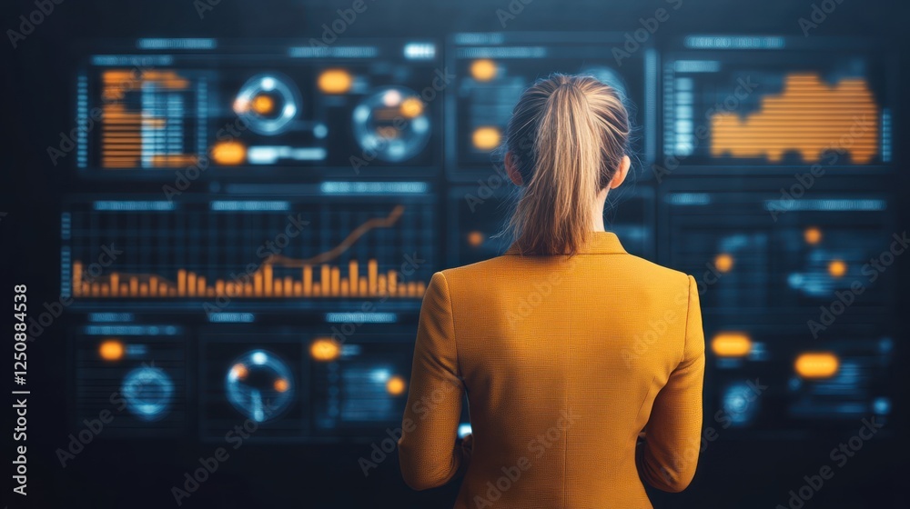 Poster businesswoman analyzing data insights on digital screens in modern office environment with graphs an
