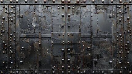 Old metallic door with intricate rivets and weathered surface in an industrial environment
