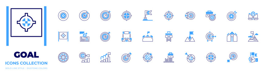 Goal icon collection. Bold line style. Duotone colors. arrow, flag, aim, target, mountain, goal, career, archery, ladder