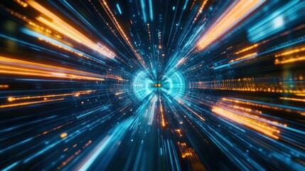 Obraz premium Abstract digital tunnel with glowing orange and blue light streaks.