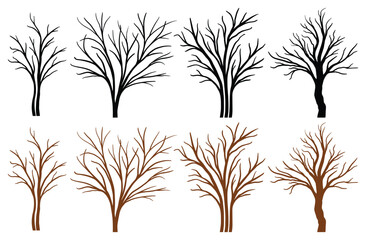 Obraz premium Hand drawn tree branches collection, dry tree branches on white background. Dead vector illustration forest design and element landscape season. Black branch tree trunk or naked trees silhouettes set