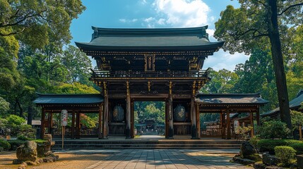 Meiji Jingu Shrine gate, Tokyo, Japan. Peaceful forest backdrop. Tourist attraction