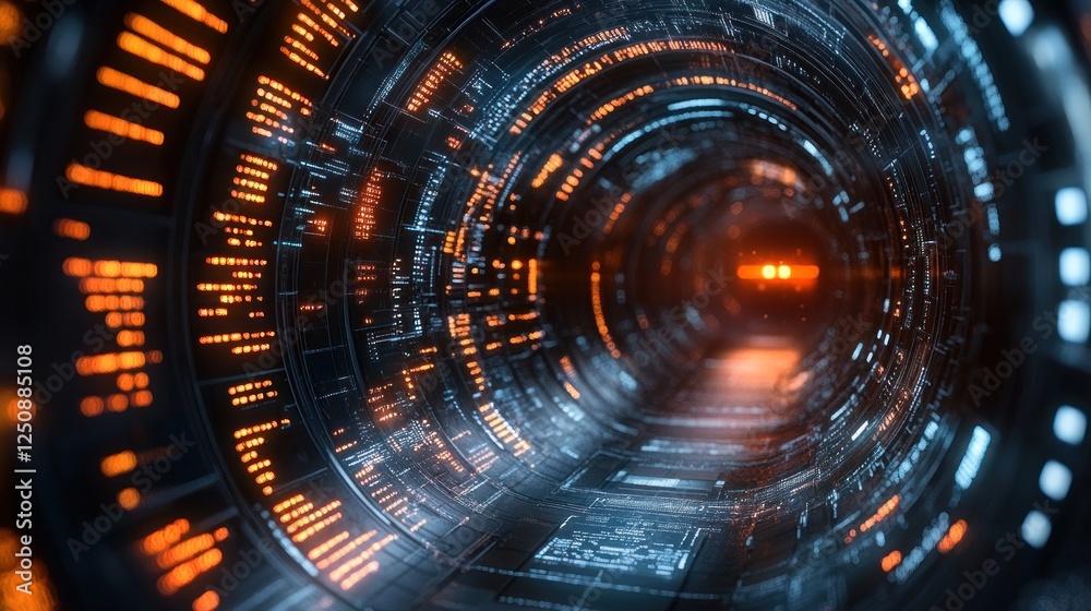 Poster Abstract digital tunnel with glowing orange lines and dark background.