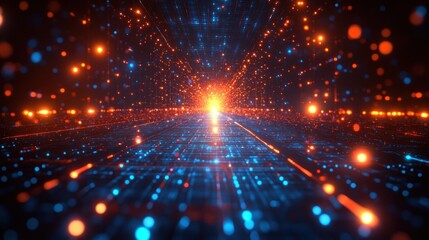 Fototapeta premium Abstract digital tunnel with glowing particles and lines.