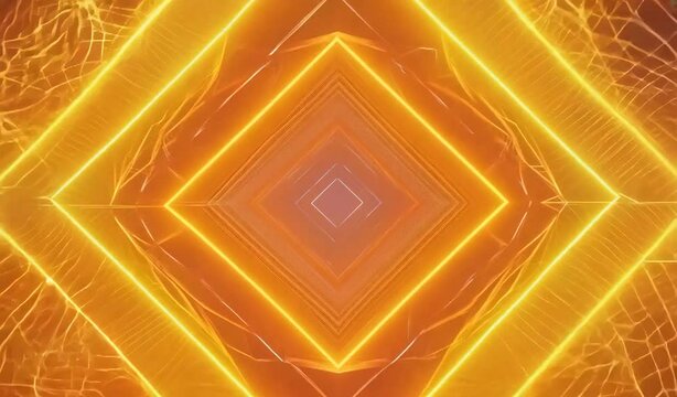 A vibrant and colorful abstract animation featuring a square frame made of glowing orange lines. The frame rotates and expands, creating a psychedelic and hypnotic effect as it reveals a col
