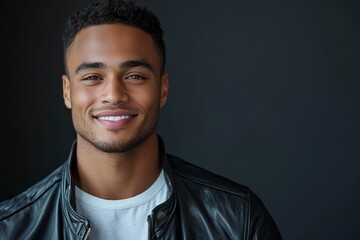 Obraz premium Young man in a leather jacket smiling confidently, empty space on the left.