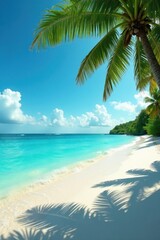Turquoise waves lap a white sand beach, lush palms overhead , beauty, palm trees, vibrant