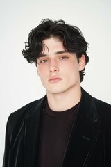Obraz premium Young Man in Black Velvet Jacket with Natural Freckles