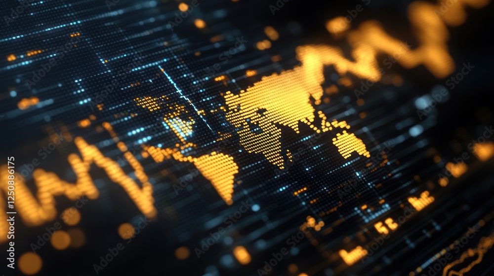 Aufkleber abstract digital world map glowing on a dark background with data streams.