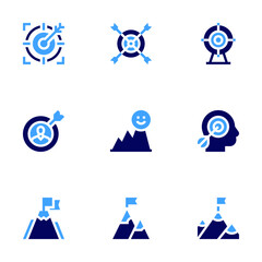 Goal icon set. Bold style. Duotone colors. target, focus, dartboard, goal, development, peak