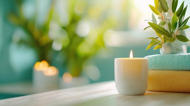 Luxurious massage scene with warm oil scented candle and calming plant filled ambiance creating a serene and soothing atmosphere for relaxation and rejuvenation