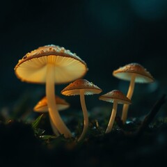 High-quality image Fairy mushrooms in a dramatic cinematic style, intense dramatic lighting, high contrast, film-like composition