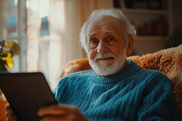 Smiling senior man using tablet, enjoying technology in cozy home setting.
