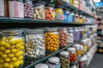 Obraz premium A shelf stocked with variously colored medication, ideal for medical or pharmaceutical concepts