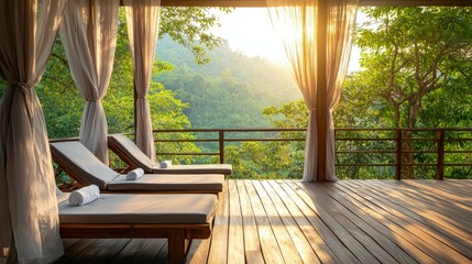 Obraz premium Serene Outdoor Patio with Sunlight and Lush Greenery View
