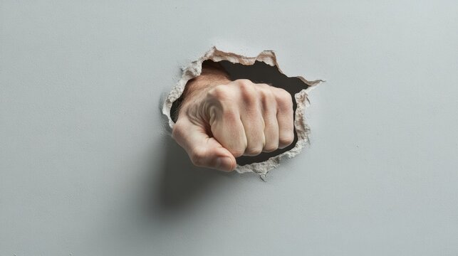 Hand breaking through a wall with a strong fist punching action in a dramatic scene