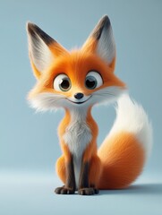 Fototapeta premium A playful cartoon fox with big expressive eyes and a fluffy tail, sitting on a light blue background, with ample copy space for text or branding