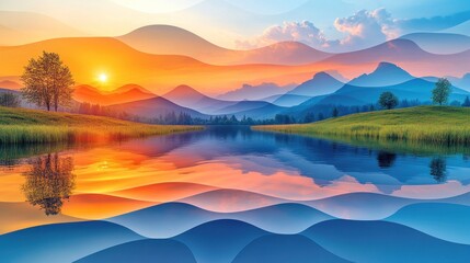 Fototapeta premium Sunset lake, mountain reflection, idyllic scene, nature panorama