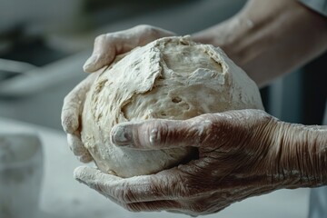 Close-up of hands gently cradling a ball of raw bread dough, dusted with flour.