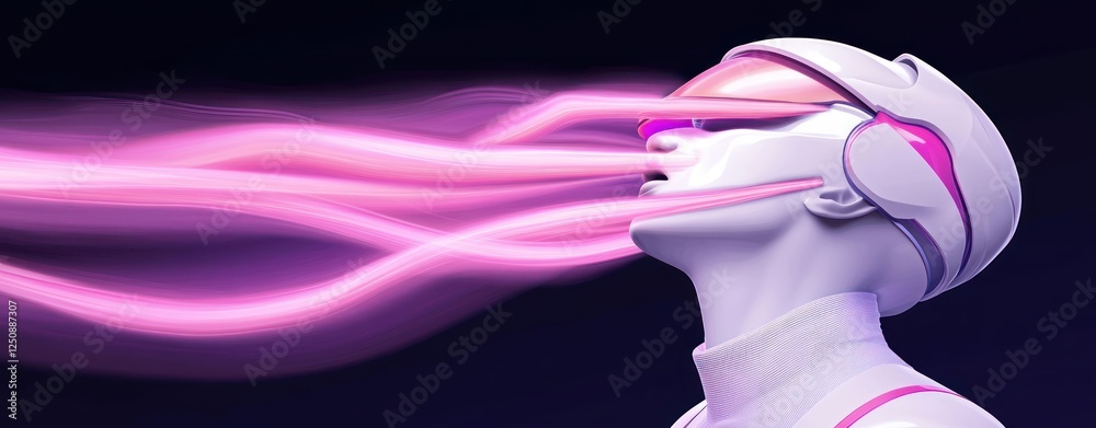 Poster futuristic human figure with digital elements and flowing neon light effects in a dark background