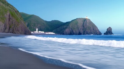 Serene coastal landscape with waves, cliffs, and a lighthouse at dusk.