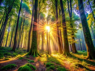 Sunbeams dapple a magical forest path, sunlight filtering through tall trees' green canopy.