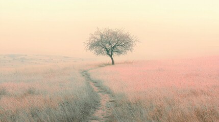 Fototapeta premium Solitary Tree in Serene Meadow at Dusk with Gentle Color Palette