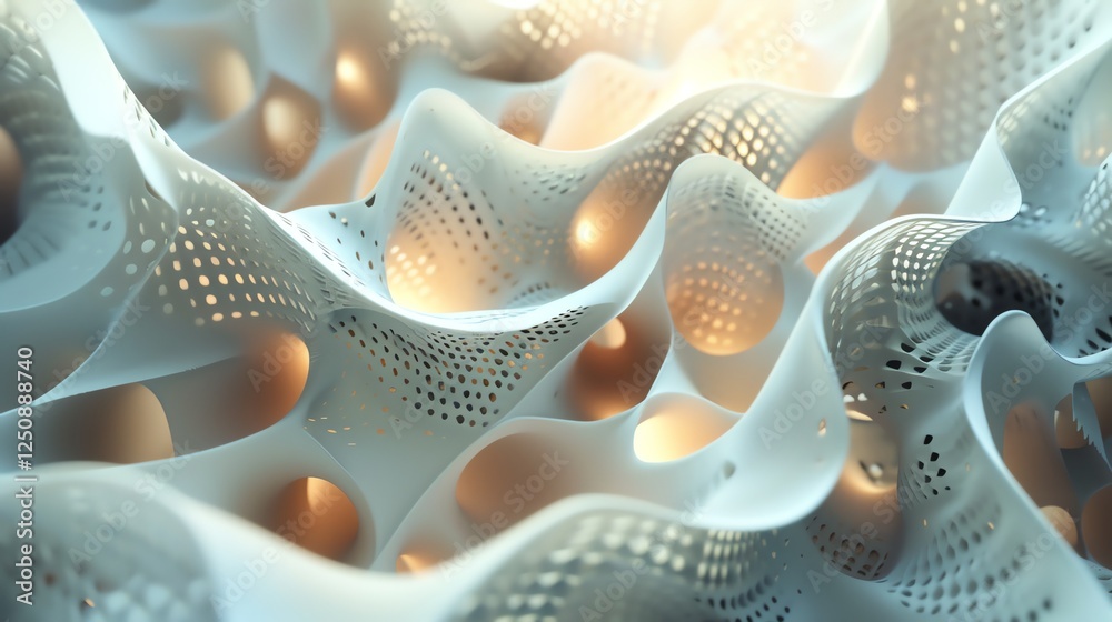 Wall mural an abstract, white, textured 3d render with a honeycomb pattern and glowing lights.