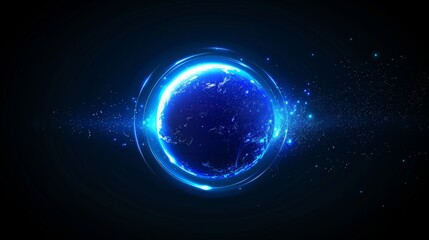 Blue planet with glowing rings and stars in dark space background enhancement of cosmic beauty