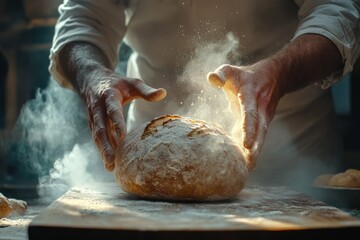 Baker's hands dusting a freshly baked loaf of bread, creating a dramatic, floury scene.