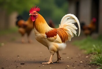 Generative AI image featuring a proud rooster strutting along a rustic path